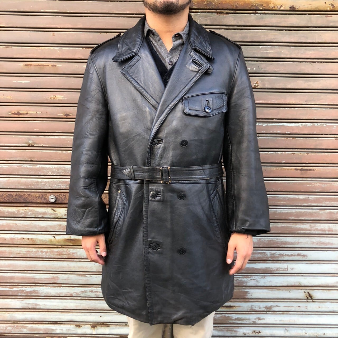 良品 70s 貴重なフランス軍 実物 France Army ヴィンテージ レザー